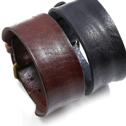 Vintage Single Layer Cowhide Leather Wide Wristband Adjustable Cuff
