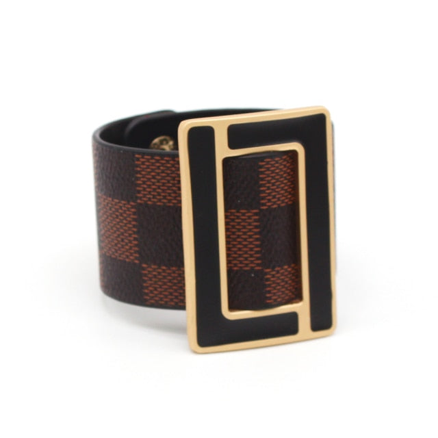 New Sassy Wide Leather Bracelet Geometric Metal Cuff