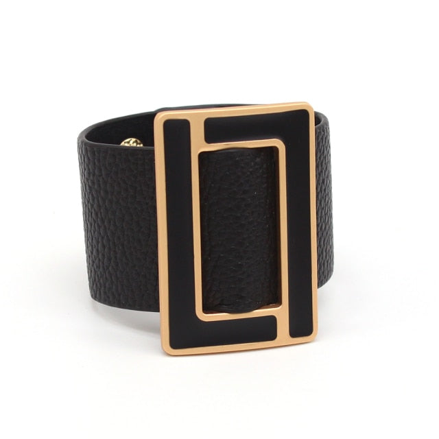 New Sassy Wide Leather Bracelet Geometric Metal Cuff